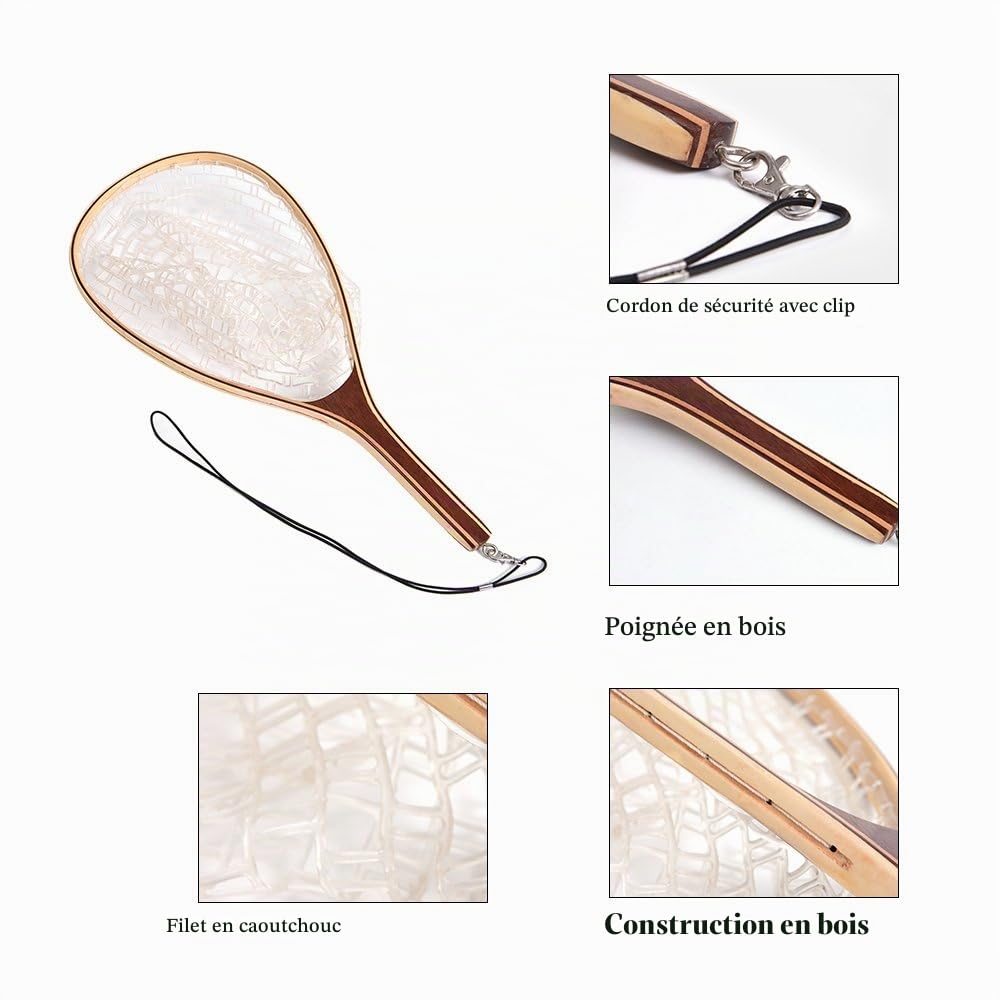 LIXADA Épuisette pour pêche à la Mouche avec Manche en Bois Longueur : 60 cm Matériau Net : Caoutchouc/Nylon