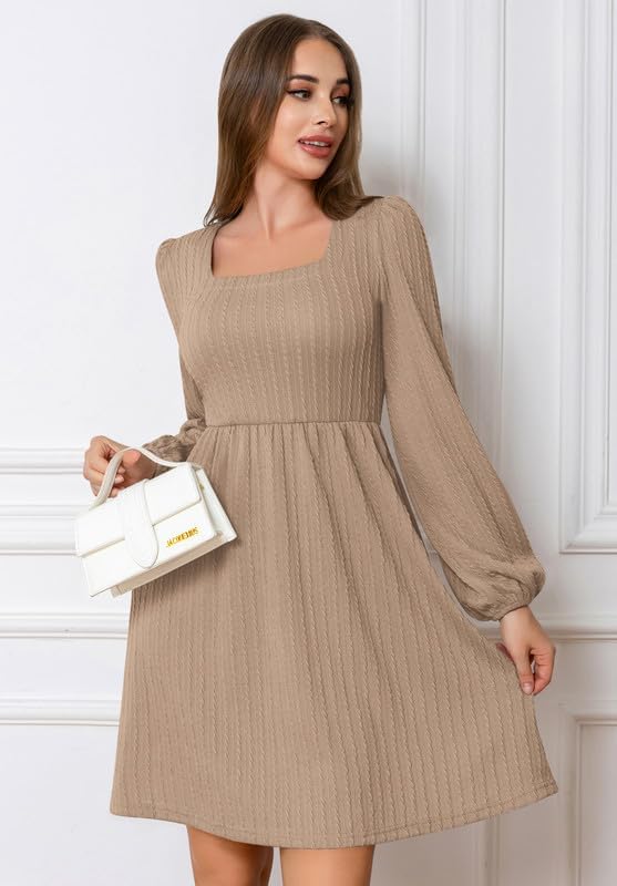 MarryUP Womens Knit Sweater Dresses 2024 Cute Long Sleeve Square Neck Casual Flowy Dresses Women Knee Length Dresses with Pockets Beige L image 4
