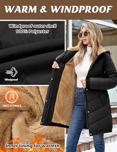 Yuson Girl Winterjacke Damen Wintermäntel Lang Steppjacke Fleece Gefüttert Mantel mit Kapuze Herbst Winter Jacke Winterparka Warm Steppmantel Winddichte Fleecejacke mit Tasche(Schwarz, XL)