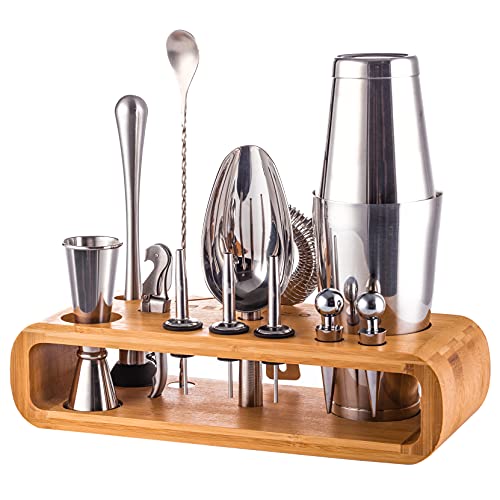 Cocktail Shaker Set Bartender Kit - Premium Quality 15-piece Bar Accessories For The Home Bar Set, Mixed Drink Shaker Kit With Cocktail Cards And Bar Mat, Stainless Steel Bartender Kit With Stand