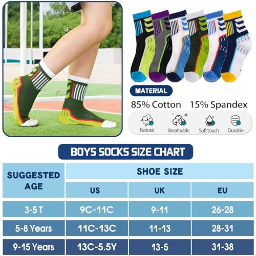 Image of Welwoos 6 Pairs Kids Boys Girls Socks Athletic Basketball Youth Sport Crew Cotton Breathable Soft Socks