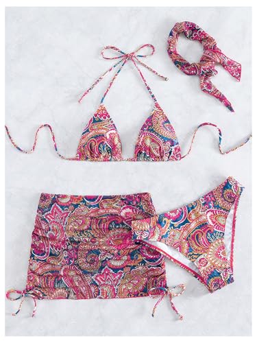Image of RoseSeek Women's 4 Piece Polka Dots Bathing Suits Cover Up Skirt & Bandana | Halter Bikini Sets, Sexy Bathing Suit, Beach Skirt, Leopard, Paisley, Tropical, Summer