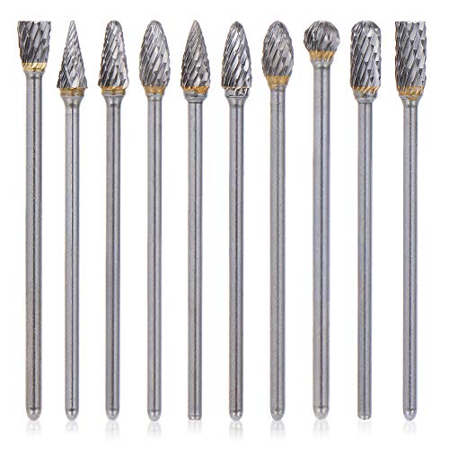 Bestgle 10PCS 3mm (1/8") Tige Longue Double Coupe Fraises en Carbure de Tungstène Limes Rotatives Fraises Diamantées Ensemble d'Embouts pour Outil Rotatif de Meuleuse, Longueur:100mm Cover
