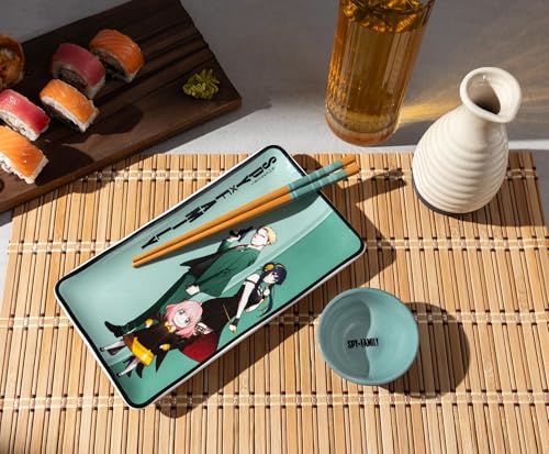 Image of Silver Buffalo Spy X Family Japanese Anime Featuring Anya Forger, Loid (Twilight), and Yor (Thorn Princess) Ceramic Sushi Set with Dipping Sauce Dish and Matching Chopsticks