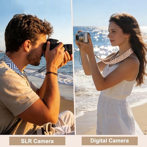 Image of Universal Camera Strap - Camera Neck Strap, Adjustable Shoulder Straps Compatible with Canon, Fujifilm, Nikon, Olympus, Panasonic and other SLR and mirrorless cameras - Brown White Gquares