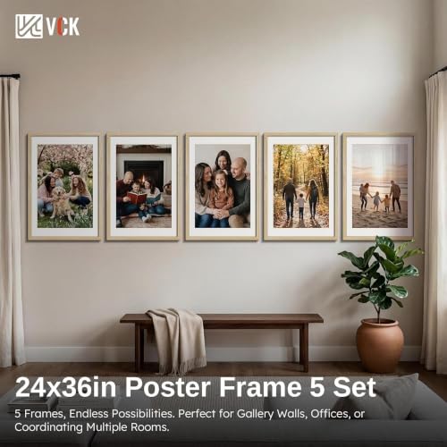 Image of VCK 24x36 Poster Frame 5 Pack, Natural Wood, 20x30 Mat, for Gallery Wall