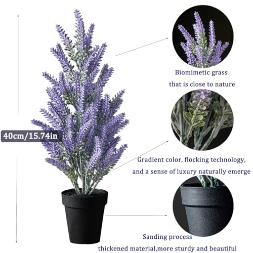 40cm/15.74in Set of 2 Artificial Lavender Plants Potted Fake Flocking Flower Bonsai Plastic Wedding Folower Faux Tree in Pot Real Touch Purple Plants for Gift Home Office Indoor Decor (Lavender)