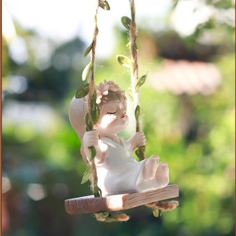 Image of The Decorshed Cute Girl Swing Idol Figurine - White | Decorative Resin Cute Idol of Girl On Jute Rope Swing | Home Decor Item | Ideal for Gardens, Balconies, Windows & Kids Room