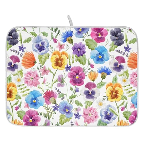 Colorful Summer Pansy Flowers Dish Drying Mats for Kitchen Counter Small Drying Mat for Dishes Microfiber Dish Rack Mat Drainer Pad Washable Foldable Ultra Absorbent Dry Mat 18