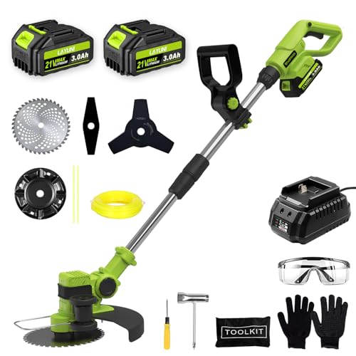 Electric Weed Wacker Cordless Weed Eater with 2 x 21V Battery Powered 3 in 1 Grass Trimmer/Edger/Brush Cutter with 4 Types Blades 4.4 LBS Lightweight Weed Trimmer for Yard Garden