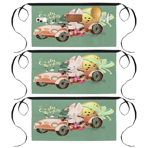 Lot de 3 tabliers courts de chef avec 3 poches pour cuisine et bistrot au motif de Pâques