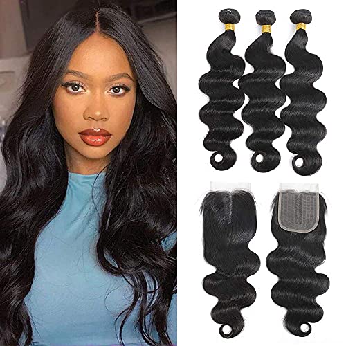 10A Brazilian Virgin Body Wave Hair Bundles with Lace Closure (22 24 26 +20) 100% Unprocessed Virgin Brazilian Remy Body Wave Human Hair Weave 3 Bundles with Lace Closure Middle Part Natural Black