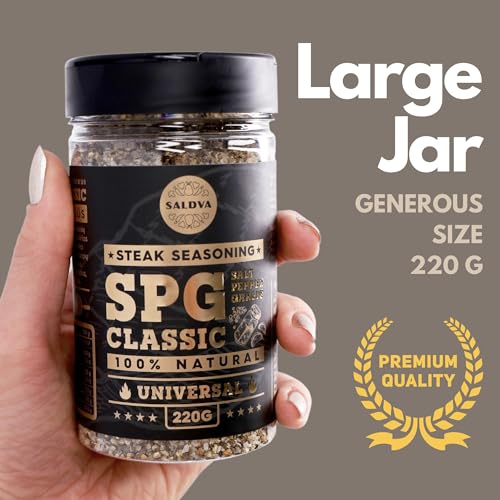 SPG Classic Steak Seasoning Blend - Premium Salt, Pepper & Garlic Seasoning - Crafted for Irresistible Steaks - Large Jar (220g)
