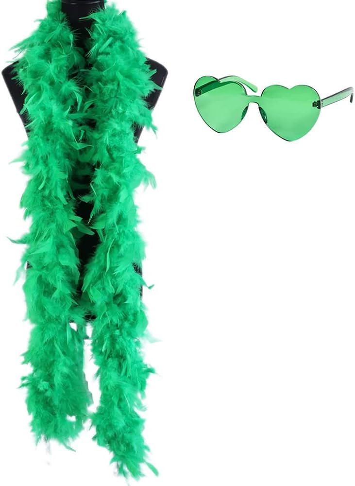 Feather Boa and Heart Glasses Fancy Dress Accessory, 78"/200cm Long Feather Boa, Hen Night Accessory Fancy Dress 1920s Feathers Boa for Festivals Pride Hen Party Stag Do Halloween Christmas Green