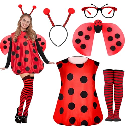 Marienkäfer Kostüm Damen Erwachsene mit Marienkäfer Haarreif Flügel Beinsocken Brille Kostüm Marienkäfer Damen Marienkäfer Kleid kleidung...