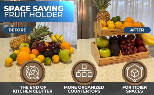 Adornify 2 Tier Bamboo Fruit Basket for Kitchen Counter with Banana Hanger Hooks, Wooden Fruit Holder for Kitchen Countertop, Vegetable Storage Stand for Fruit Shop - Thumbnail 5