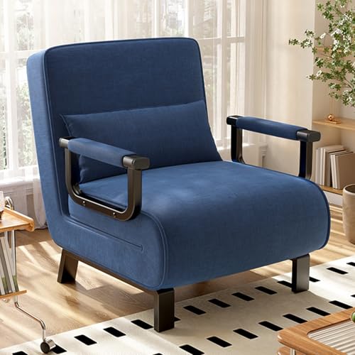 Sofá Cama Individual Multifuncional Estructura de Hierro Sillón Convertible Plegable con Respaldo Ajustable de 5 Niveles y Almohadas para Oficina Dormitorio Salón(Blue,25.59in/65cm)