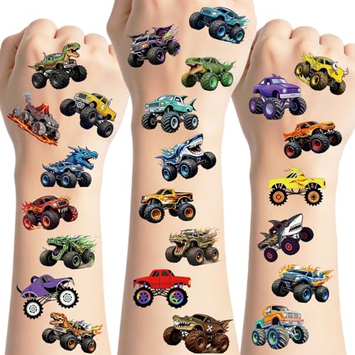 96 PCS Monster Truck Temporary Tattoos Pre-Cut Racing Car Tattoo Stickers Monster Truck Theme Party Decorations Fun Body Art Stickers for Events Gift Bags & Party Supplies