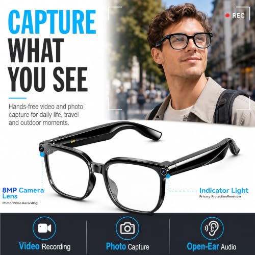 Image of 8MP Camera Smart Glasses, 1080P Anti-Shake Video Recording, for Men Women | Real Time Translation, AI Voice Assistant, Object Recognition, Noise Cancellation, Bluetooth5.4 Music&Call, 290mAh Battery