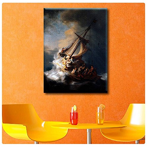 Alonline Art - Christ In The Storm Sea Of Galilee By Rembrandt | Print On Canvas | Ready To Frame (Synthetic, Rolled) | 24"X32" - 61X81Cm | Wall Art Home Decor For Toilet Or For Dining Room | Hd #TOP4