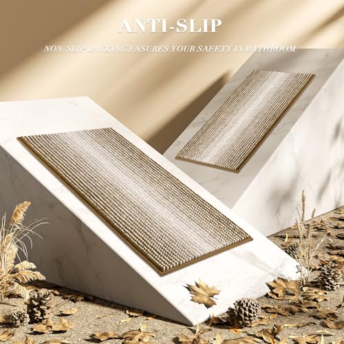 BSICPRO Bathroom Rugs and Mats Sets, 2 Piece Thick Absorbent Chenille Non Slip, Soft Shaggy Bath Room Floor Mats for Bathroom, Machine Washable (Petrified Oak, 20" x 32" Plus 16" x 24")
