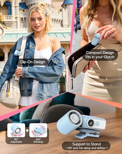 Image of Portable Clip on Mini Fan, USB Rechargeable Handheld Fan with 4 Gear Wind, 5000mAh Battery, 180 Rotate Pocket Fan Design Cooling Gadgets for Travel /Camping /Concerts /Lash, Gifts for Women Men(Blue)