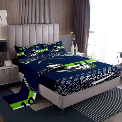 Feelyou Football Bed Sheets Set Queen Size Seattle Deep Pocket Fitted Sheet Football City Bedding Sets Sports Games Soft Bed Set 4Pcs with 2 Pillow Cases