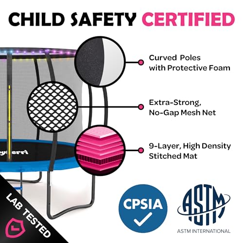Image of JoyBerri Upsurge Trampoline Outdoor - ASTM Certified Safe 8Ft 10Ft 12Ft 14Ft 15Ft 16Ft Recreational Trampoline for Kids and Adults. Anti-Rust Coating with Enclosure Net, Ladder, Sprinkler & LED Lights