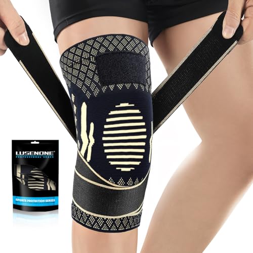 Rodillera de cobre para hombres y mujeres con correa, rodillera de compresión ajustable, soporte para artritis, ACL, MCL, desgarro de menisco, alivio del dolor de rodilla, correr, deportes, L