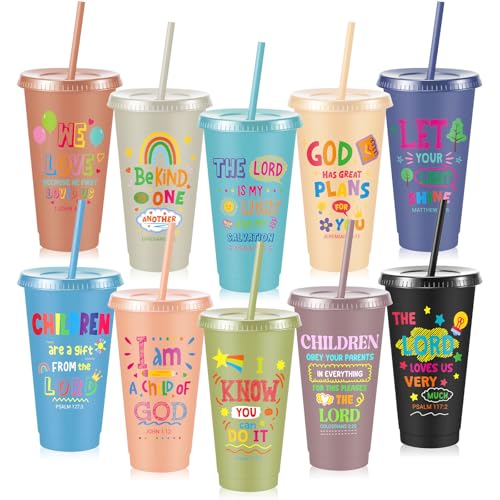 Uiifan 10 Pcs Morandi Christian Cups for Kids, Vacation Bible School Gifts 24oz Pastel Reusable Plastic Tumblers with Lids Straws, Bible Verse Party Cups for Sunday School, Classroom and Holiday Gifts