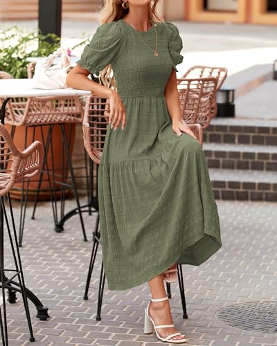 dowerme Womens Summer Dresses 2025 Casual Puff Short Sleeve Crewneck Smocked Flowy Ruffle Boho Beach Party Maxi Sundress3
