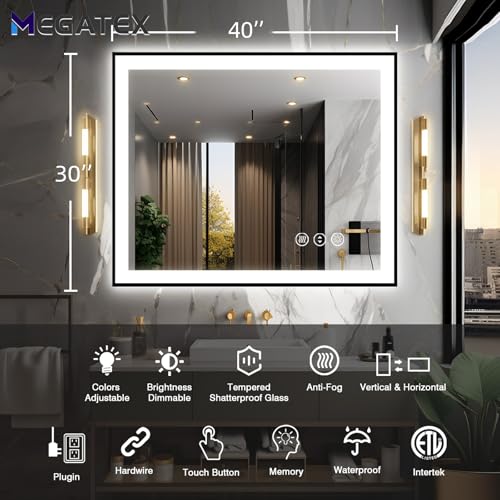 40x30 LED Bathroom Mirror, Black Aluminum Framed, Backlit + Front-Lit, 3 Colors Temperature Changeable, Dimmable Vanity Mirror, Tempered Glass, Defog, Waterproof, Memory (Horizontal/Vertical)