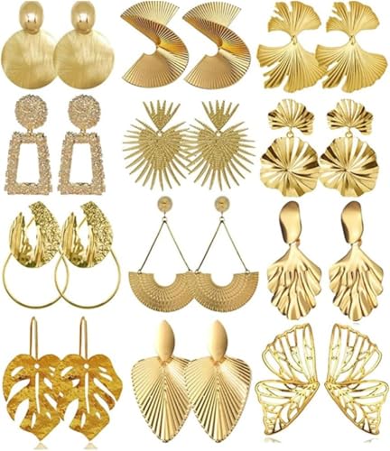 TOFBS 12 Paires Boucles d'Oreilles Géométriques Or Argent Boucles d'Oreilles Pendantes Bohème Hypoallergénique Boucles d'Oreilles pour Femme Fille (Or)
