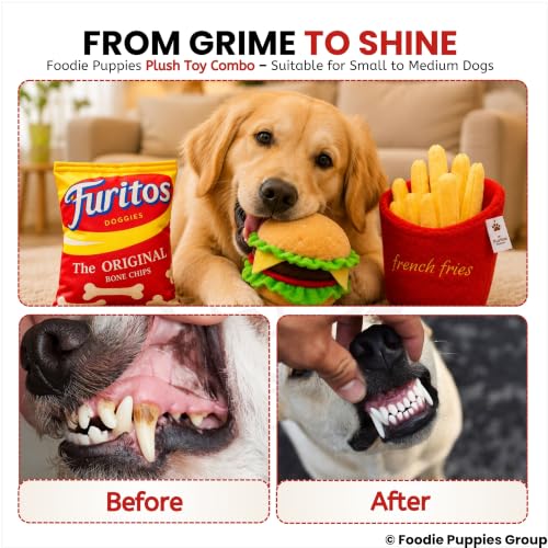 Image of Foodie Puppies 3-in-1 Squeaky Plush Dog Toy Combo (Chips, Burger & French Fries) for Small to Medium Dogs | Durable Bite-Resistant Chew Toys with Crinkle Sound | Soft & Safe for Teething