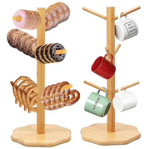 2 PCS Brezelständer Brezelständer Bambus Donut Ständer Glatte Gratfreie Baumförmige Brezel Stabil Tassenhalter 6-armig Vielseitig als Brezenständer Wurstständer Tassenständer Perfekt für Partys