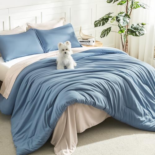 Image of Litanika Oversized King Comforter Set Grayish Blue Super King Plus Size, 3 Pieces Lightweight Solid Bedding Comforter Set, All Season Fluffy Bed Set (128x120In Comforter & 2 Pillowcases)