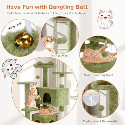 Image of Sweetcrispy 54 Inch Cats Tree Tower, Multi-Level with Scratching Post, Indoor Cat Tree Condo with Climbing Ladder, Plush Toy, Play House for Kittens, Green