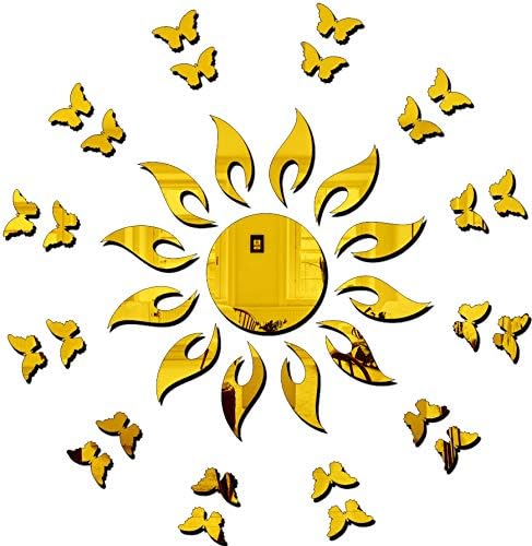 Image of Bikri Kendra - Sun Flame with 20BUTTERFLY Golden- 3D Acrylic Decorative Mirror Murals Wall Stickers