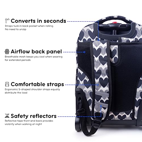 Image of J World Sunrise Rolling Backpack. Roller Bag with Wheels, Heart Dot