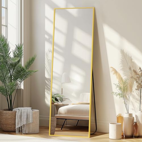 Image of Delma Wall Mirror Full Length Mirror,Standing Mirror Full Body,Large Floor Mirror for Wall Door Bedroom Bathroom Living Room with Aluminium Frame(with Stand,Rect 56x15-Gold)