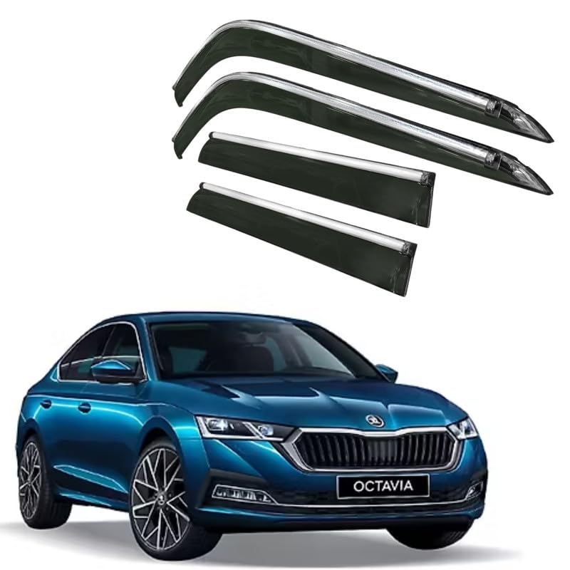Image of CAR SAAZ Side Door Visors for Octavia (2021-2023)(Set of 4Pcs)|Chrome Lined Rain Guards, Polycarbonate, Smoke Finish
