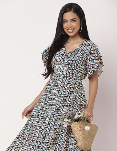 Image of Moomaya Women's Printed Dress, V-Neck, Short Sleeves, Ruffled Midi Summer Dress