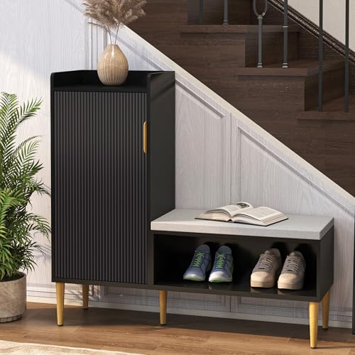 Image of Storage Bench with Fluted Door&Shelf, L-Shaped Entryway Bench | Black Modern Living Room Bench with Padded Seat, Small Shoe Organizer Cabinet for Hallway, Office