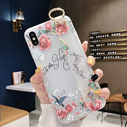 Robinsoni Case Compatible with iPhone XS Semi-Transparent Floral Flower Pattern Cover for Girls Women TPU Silicone Wrist-Band & Mental Ring Case Glitter Floral Cover Shockproof Bumper Back Case
