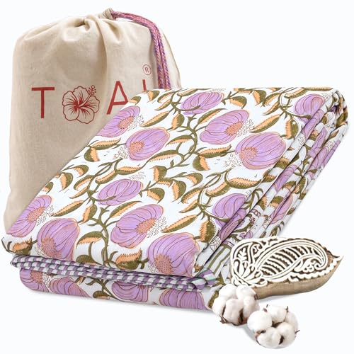 Image of TOAIArt Premium Jaipuri Dohar | AC Blanket Summer Quilt | Hand Block Printed | 3 Layers | Reversible | 150GSM 100% Mulmul Cotton | 100% Cotton Flannel Filling | Single 60 inch X 90 inch|Round Florals Leaves