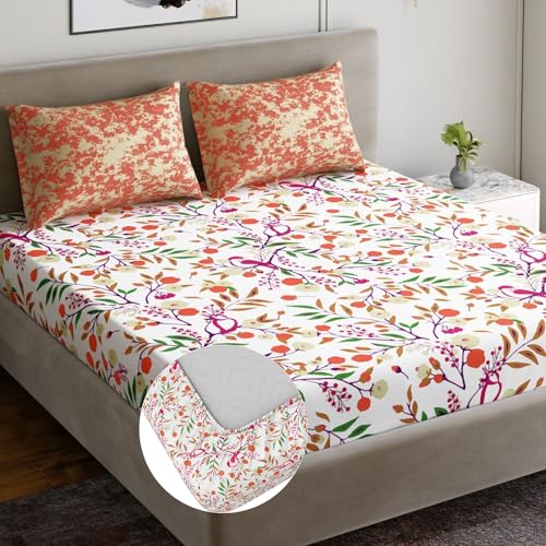 Image of Dreamscape 100% Cotton Fitted Bedsheet for King Bed, 186 TC, 1 Fitted Bed Sheet (Size 72 x 78 inches) with 2 Pillow Covers - Orange