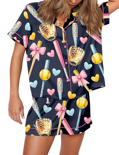 Image of SHESHOW Pajamas for Women Set Satin Button Down Short Sleeve Top and Shorts Pjs Sets Sport Ball Print Sleepwear XS-XXL
