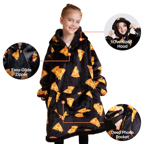 Image of Giggling Getup Wearable Blanket Hoodie for Girls and Boys Warm Cozy Sherpa Fleece Hooded Blanket Sweatshirt Oversized Hoodie with Giant Pocket & Sleeves for Kids Pizza