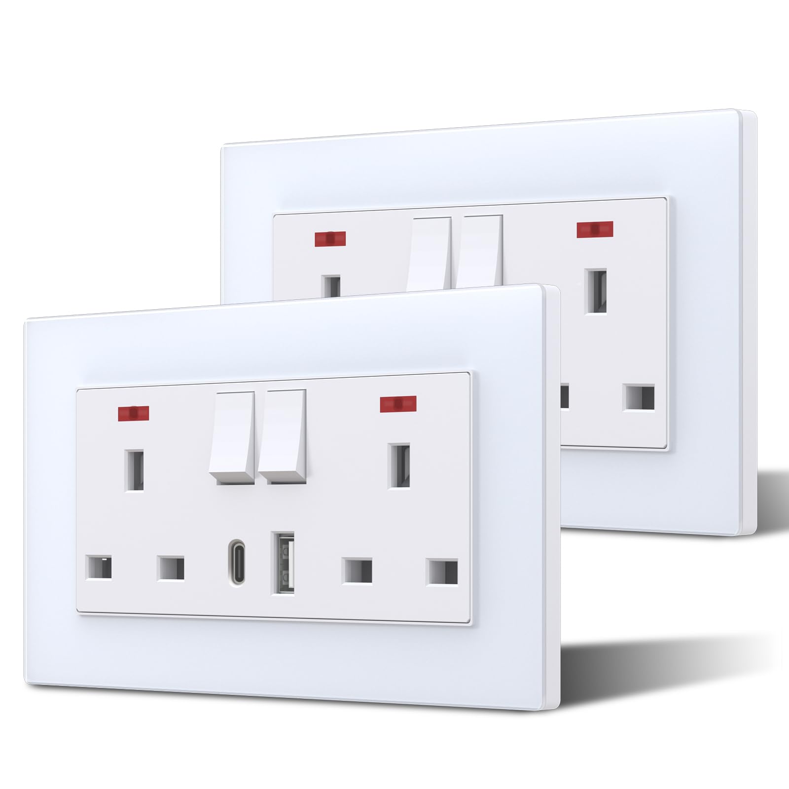 BSEED Double Plug Socket with USB C and USB A,Glass Switched Socket,UK Standard Electric Power Sockets,13A Wall Socket,Save Space,2 Gang-2 Pack,146mm White