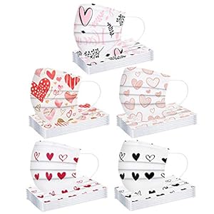 50Pcs Valentines Love Heart Màsk disposable for Adult Holiday facemasks 3Ply Cute Colored Covering Universal Face Protection